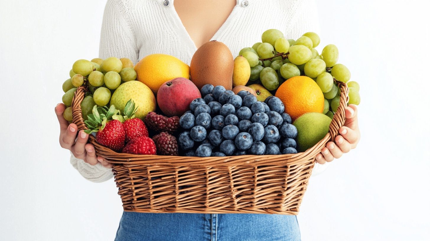 A person carrying a wicker basket piled with grapes, berries, oranges and kiwi fruit