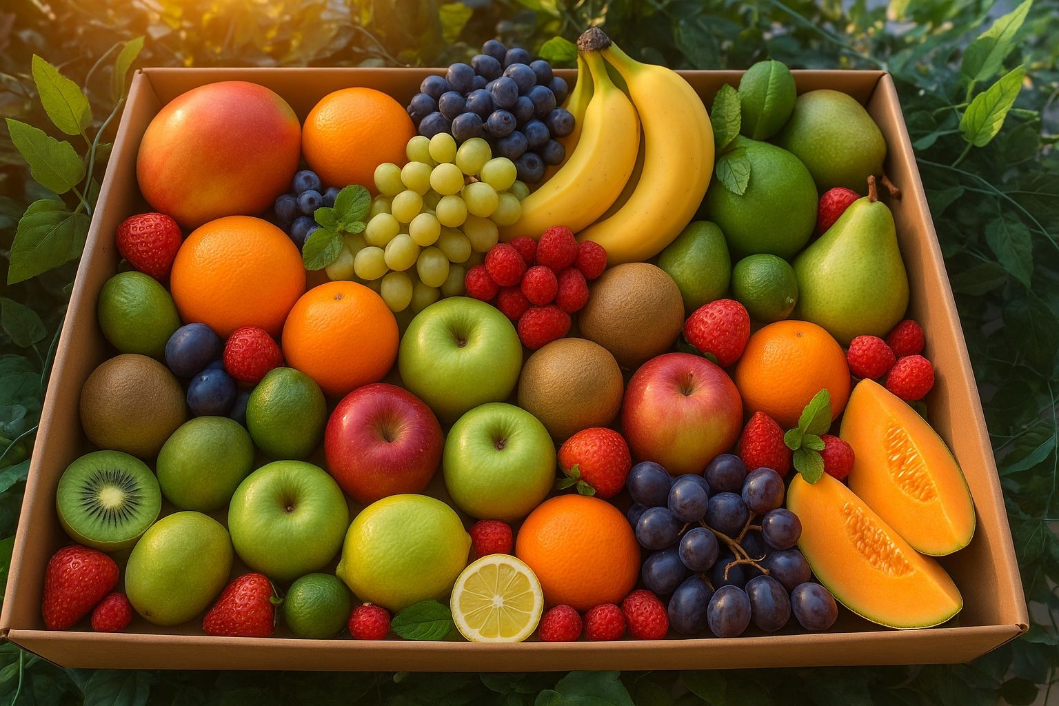 Top-down view of a box packed with apples, oranges, kiwi fruit, grapes, berries and melon
