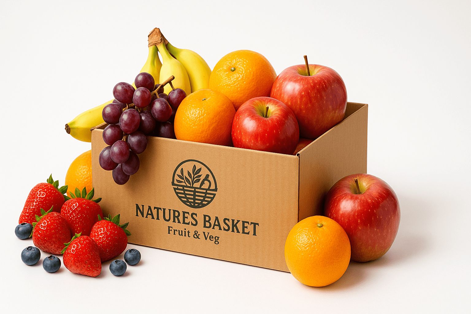 A Natures Basket Fruit & Veg delivery box packed with bananas, grapes, oranges, apples, strawberries and blueberries