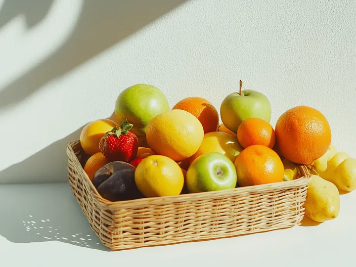 A woven basket of apples, oranges, lemons and strawberries in morning light