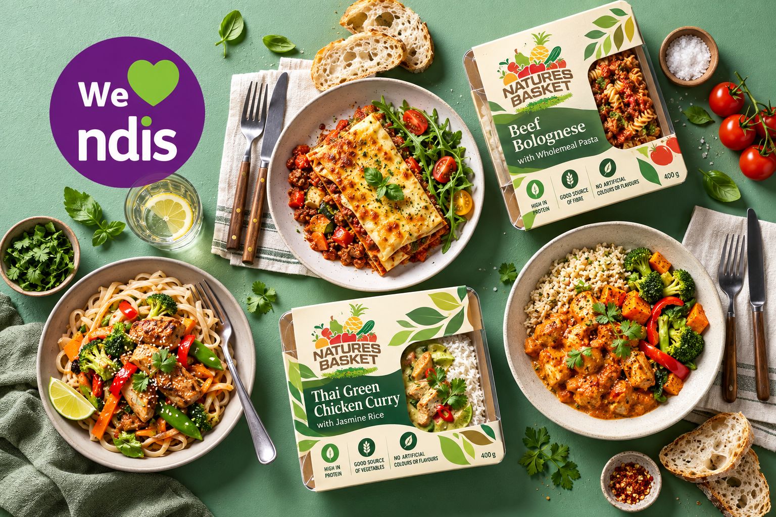 Natures Basket ready-made meals, including beef bolognese and Thai green chicken curry, plated and in their packs beside a We Love NDIS badge