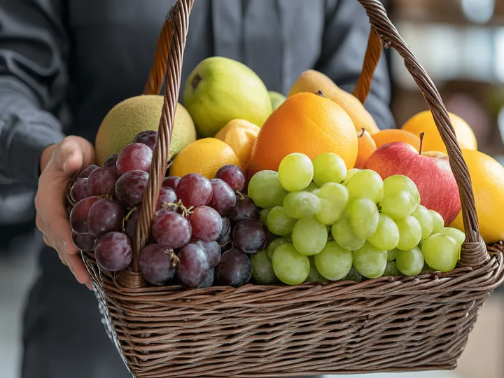 A basket of grapes, oranges, apples and pears being carried into an office