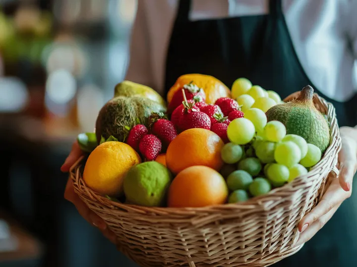 Restaurant staff holding a basket of strawberries, oranges, limes and grapes